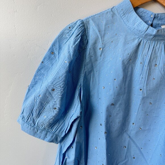 NWT Loft Blue White Striped Short Puff Sleeve Blouse Glitter Dots Cottagecore - Picture 6 of 15